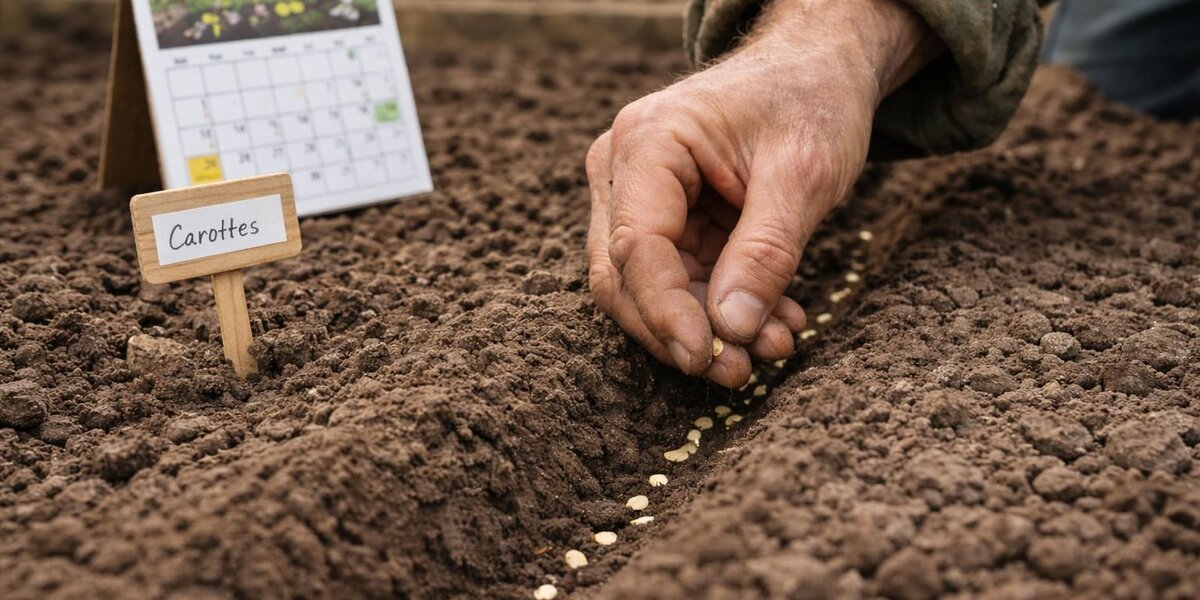 Calendrier de semis posé sur une table de jardin avec des sachets de graines et des outils.