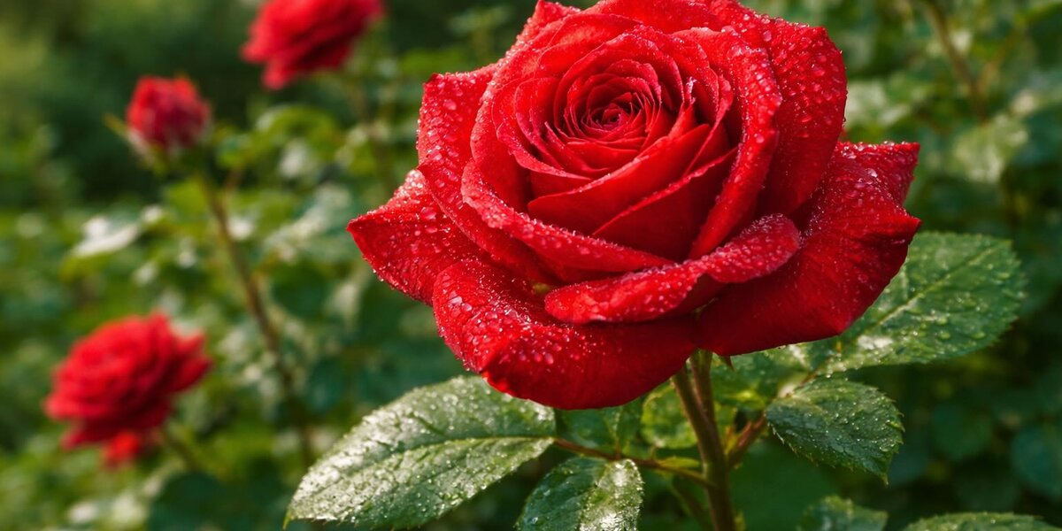 Magnifique rose rouge épanouie sur un rosier bien entretenu dans un jardin.