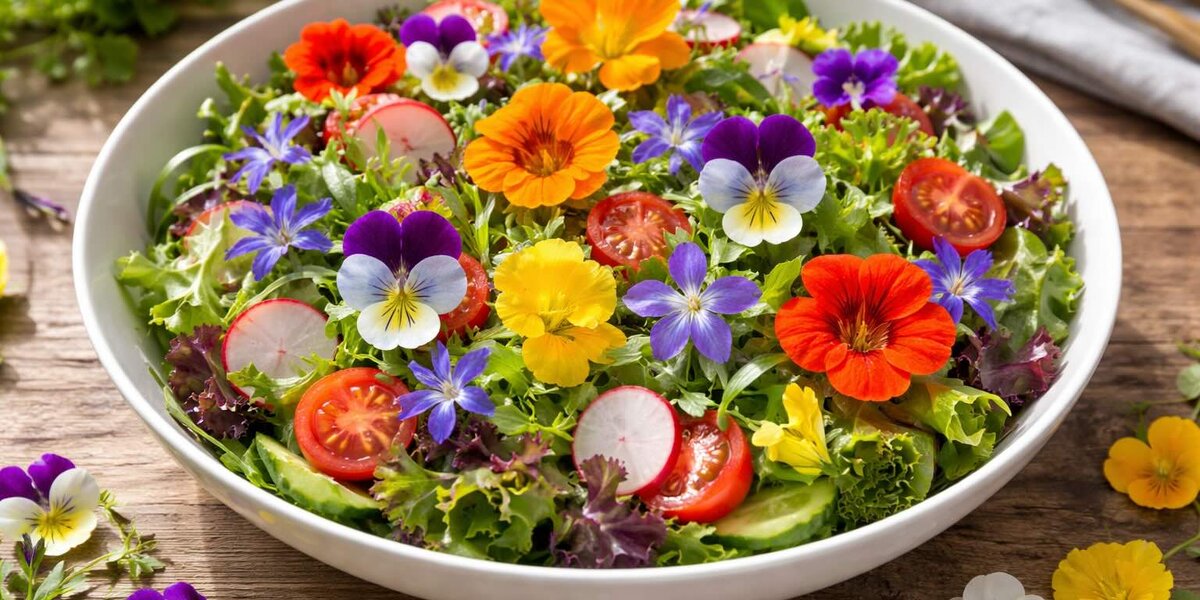 Salade colorée décorée de fleurs comestibles variées.