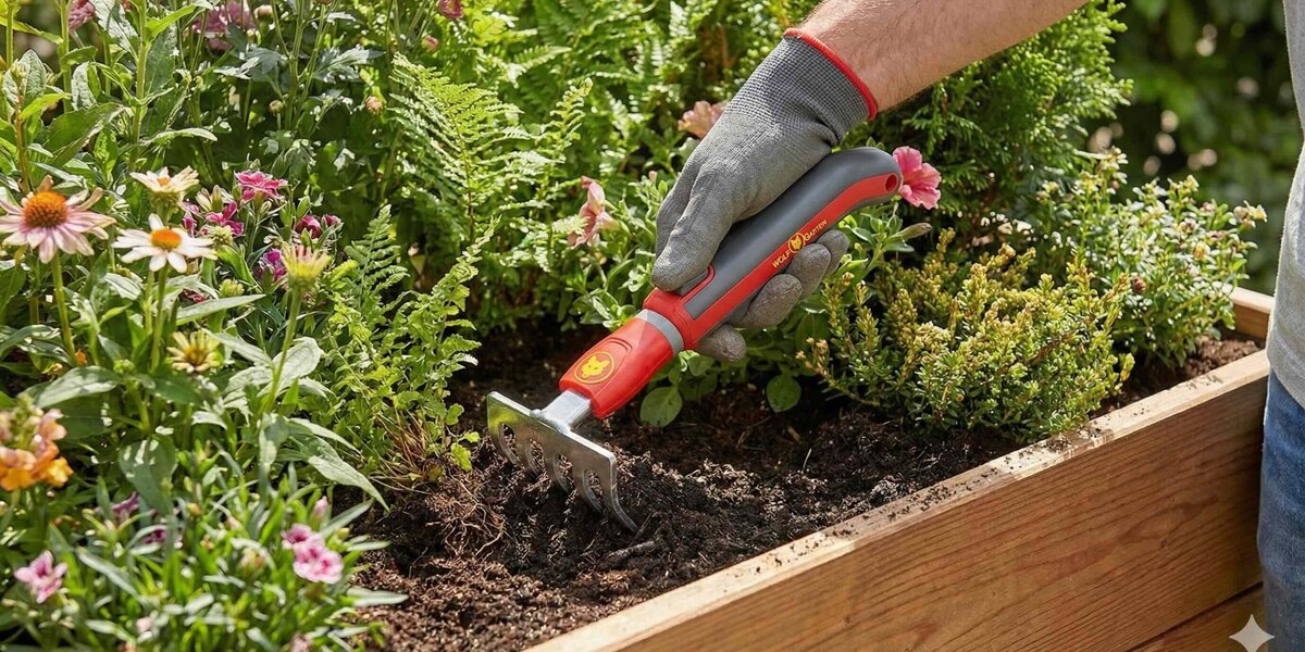 Manche Wolf Multi-Star ZM015 utilisé avec un outil de jardinage pour l'entretien d'un bac fleuri.