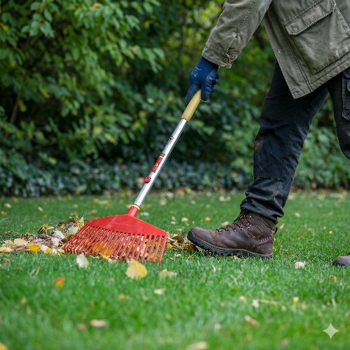 Balai gazon 42 cm Wolf Multi-Star utilisé dans un jardin