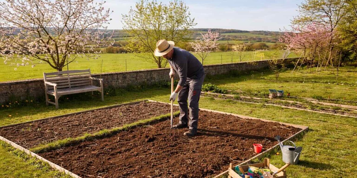 Jardinier travaillant la terre avec une fourche dans son potager au printemps.